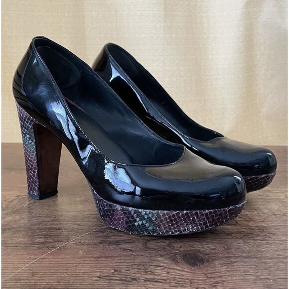 Donald J Pliner Womens Evie Heels Sz 8 Black Patent Leather Snakeskin Platform - Picture 8 of 8